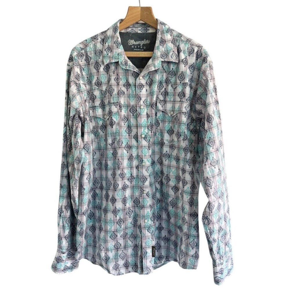 Wrangler Retro Men's Sz XXL Turquoise Blue & Gray Aztec Print Pearl Snap Shirt